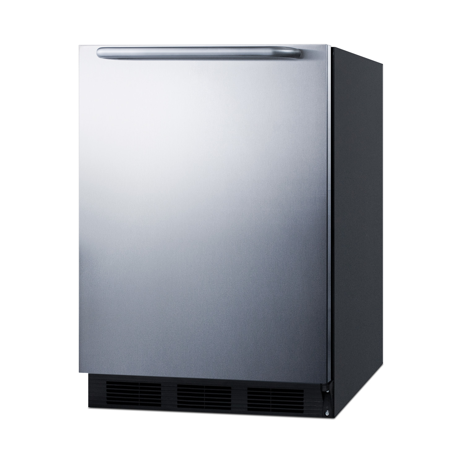 24 inch wide ADA compliant built-in undercounter all-refrigerator for residential use, auto defrost with stainless steel wrapped door, horizontally mounted handle, and black cabinet